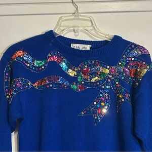 Vintage 80s Sequin Sweater Dress by Sweet Baby Jane Blue Bejeweled Size Small
